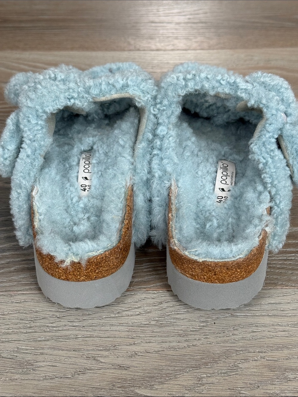 Papillio Birkenstock Arizona Big Buckle Blue Shearling Platform Slide Sandal-40 - Picture 13 of 13
